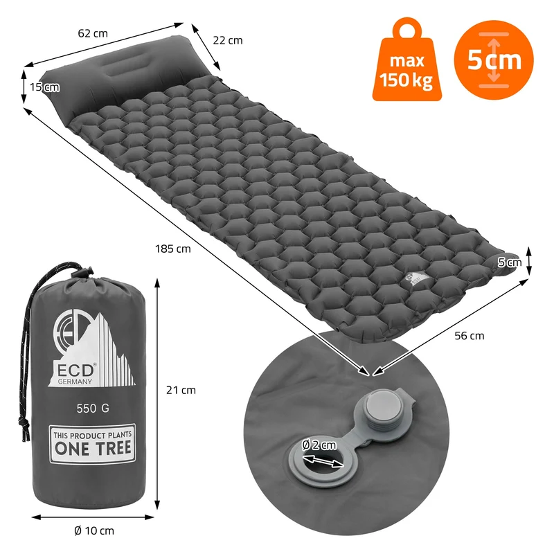 Isomatte Camping, Campingmatte aufblasbar, Grau, Luftmatratze Outdoor mit integriertem Kopfkissen, Ultraleicht, Kompakt & Faltbar