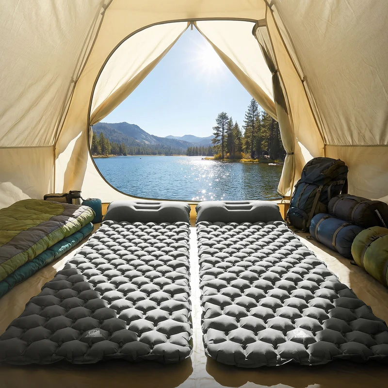 Isomatte Camping, Campingmatte aufblasbar, Grau, Luftmatratze Outdoor mit integriertem Kopfkissen, Ultraleicht, Kompakt & Faltbar