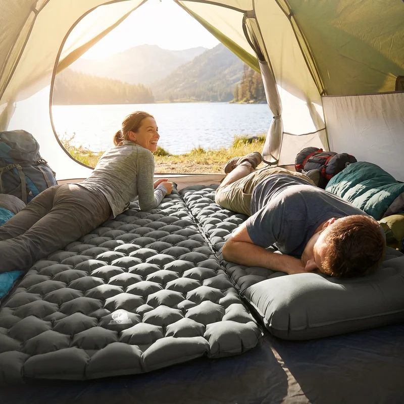 Isomatte Camping, Campingmatte aufblasbar, Grau, Luftmatratze Outdoor mit integriertem Kopfkissen, Ultraleicht, Kompakt & Faltbar