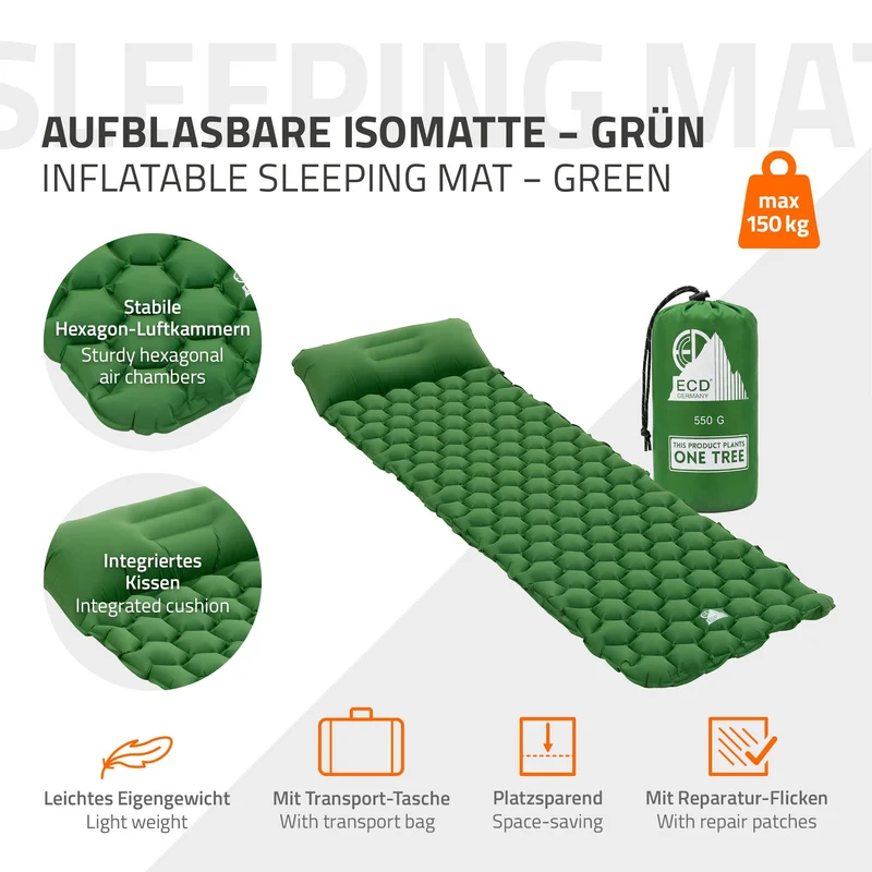 Isomatte Camping, Campingmatte aufblasbar, Grün, Luftmatratze Outdoor mit integriertem Kopfkissen, Ultraleicht, Kompakt & Faltbar