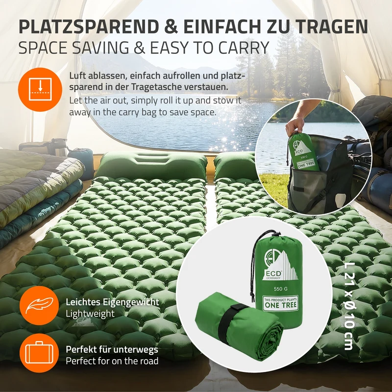 Isomatte Camping, Campingmatte aufblasbar, Grün, Luftmatratze Outdoor mit integriertem Kopfkissen, Ultraleicht, Kompakt & Faltbar