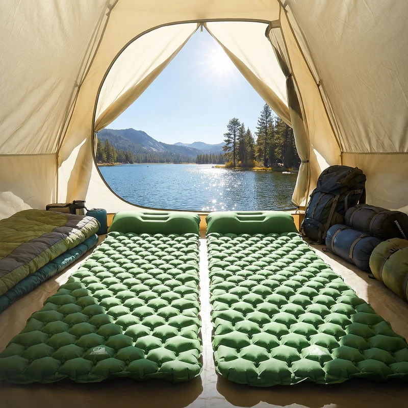 Isomatte Camping, Campingmatte aufblasbar, Grün, Luftmatratze Outdoor mit integriertem Kopfkissen, Ultraleicht, Kompakt & Faltbar