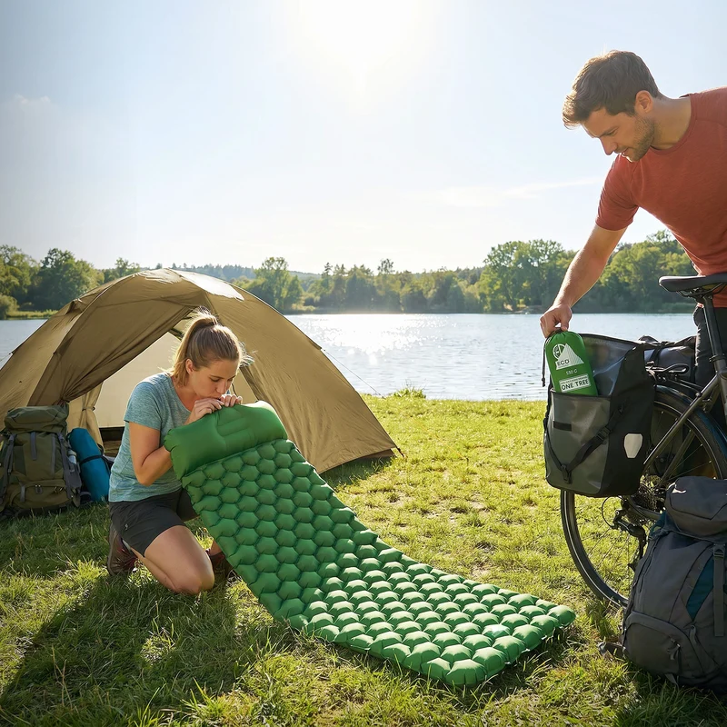 Isomatte Camping, Campingmatte aufblasbar, Grün, Luftmatratze Outdoor mit integriertem Kopfkissen, Ultraleicht, Kompakt & Faltbar