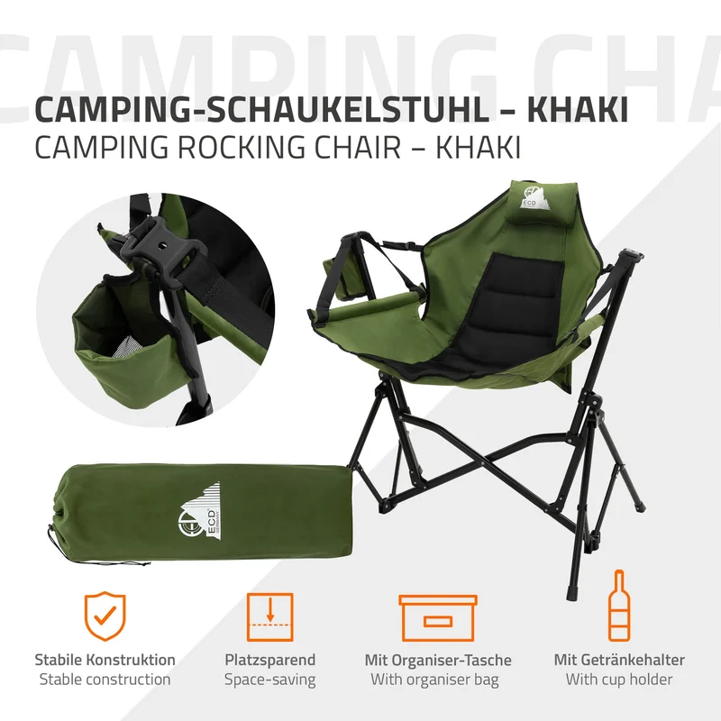 ECD GERMANY | Campingstuhl faltbar mit Stahlgestell Khaki Schaukelstuhl bis 150 kg Angelstuhl Klappstuhl verstellbare Rückenlehne Faltstuhl Outdoor