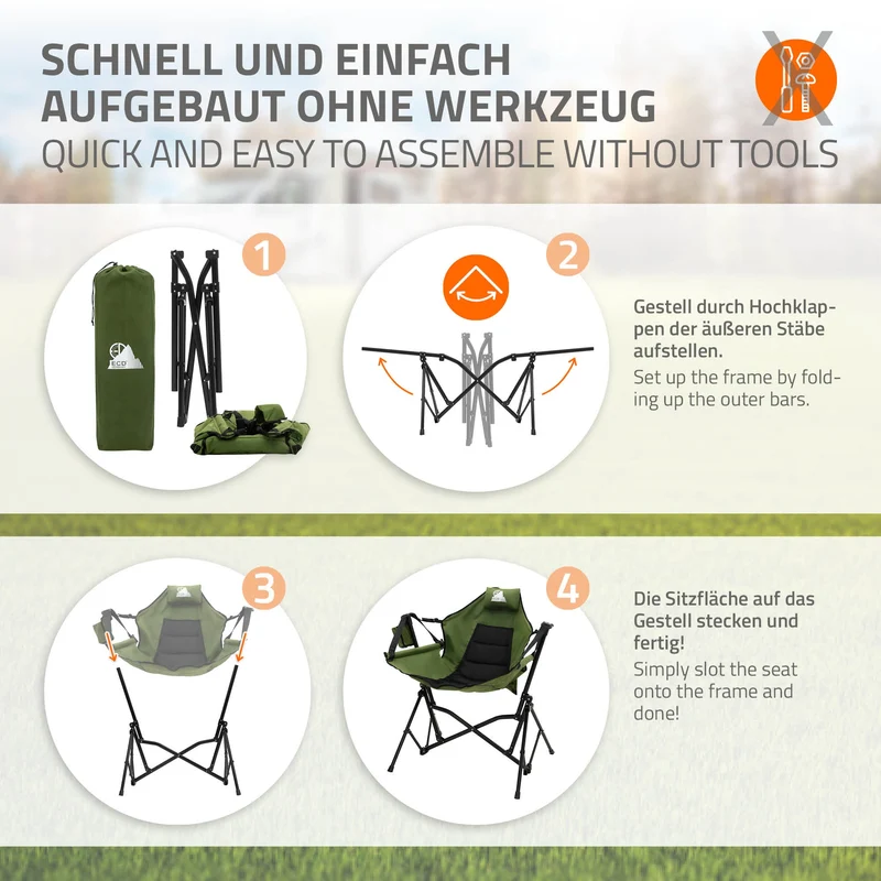 ECD GERMANY | Campingstuhl faltbar mit Stahlgestell Khaki Schaukelstuhl bis 150 kg Angelstuhl Klappstuhl verstellbare Rückenlehne Faltstuhl Outdoor