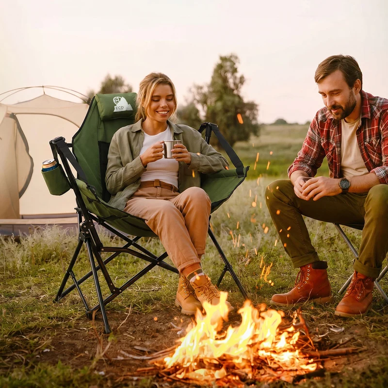 ECD GERMANY | Campingstuhl faltbar mit Stahlgestell Khaki Schaukelstuhl bis 150 kg Angelstuhl Klappstuhl verstellbare Rückenlehne Faltstuhl Outdoor