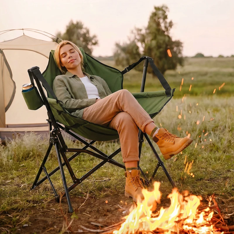 ECD GERMANY | Campingstuhl faltbar mit Stahlgestell Khaki Schaukelstuhl bis 150 kg Angelstuhl Klappstuhl verstellbare Rückenlehne Faltstuhl Outdoor
