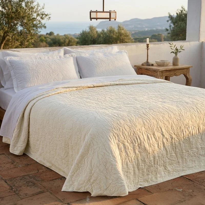 Copriletto in Cotone in tinta unita StoneWashed jacquard floreale - Triptree