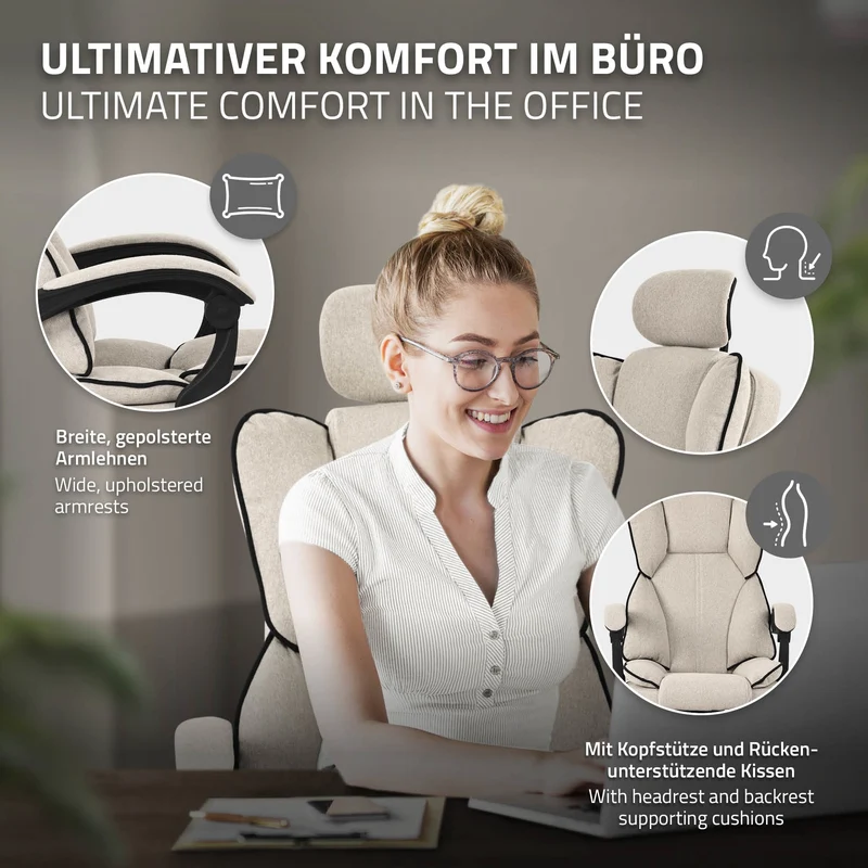 B-Ware Chefsessel Bürostuhl höhenverstellbar Beige mit höhenverstellbarer Rückenlehne und Fuß-& Kopfstütze bis 120 kg ML-Design