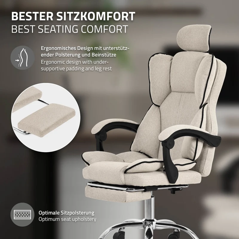 B-Ware Chefsessel Bürostuhl höhenverstellbar Beige mit höhenverstellbarer Rückenlehne und Fuß-& Kopfstütze bis 120 kg ML-Design