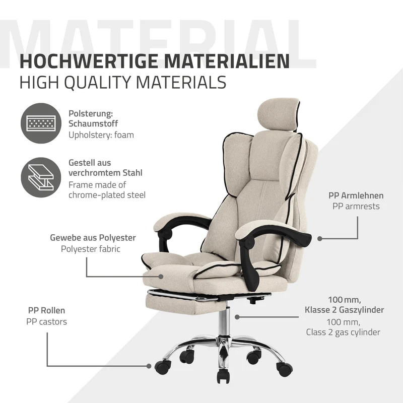 B-Ware Chefsessel Bürostuhl höhenverstellbar Beige mit höhenverstellbarer Rückenlehne und Fuß-& Kopfstütze bis 120 kg ML-Design
