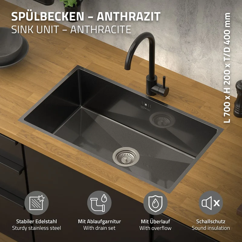 Einbauspüle 70x40 cm Anthrazit mit Ablaufgarnitur und Überlauf aus Edelstahl ML-Design