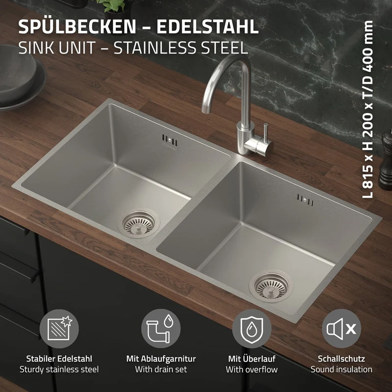 Einbauspüle mit Doppelbecken Silber Küchenspüle mit Ab- und Überlaufgarnitur aus Edelstahl ML-Design