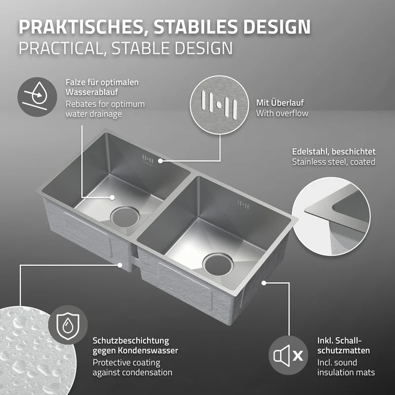 Einbauspüle mit Doppelbecken Silber Küchenspüle mit Ab- und Überlaufgarnitur aus Edelstahl ML-Design