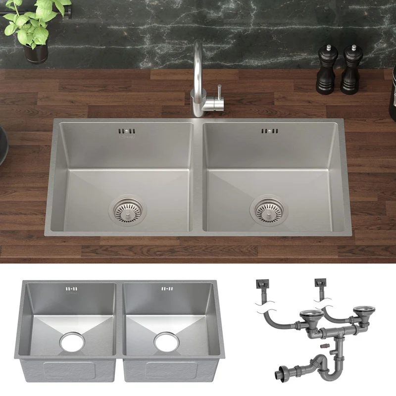 Einbauspüle mit Doppelbecken Silber Küchenspüle mit Ab- und Überlaufgarnitur aus Edelstahl ML-Design
