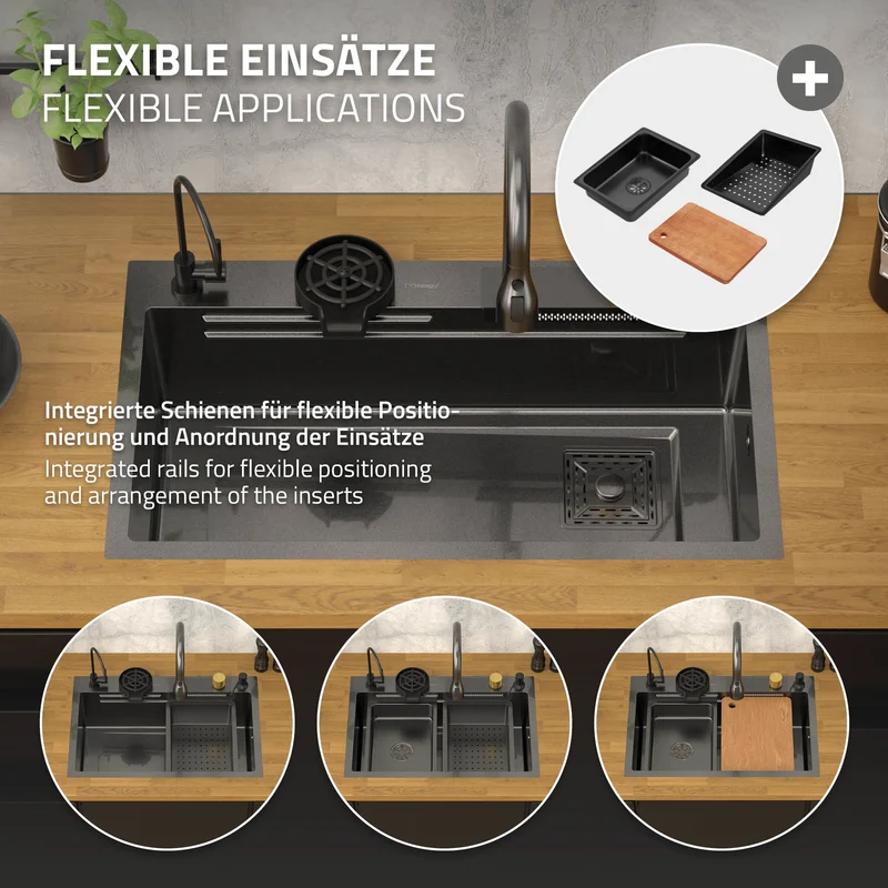 Einbauspüle mit Wasserhahn Komplett Set 8-teilig Anthrazit 80x46 cm aus Edelstahl ML-Design