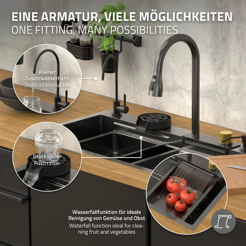 Einbauspüle mit Wasserhahn Komplett Set 8-teilig Anthrazit 80x46 cm aus Edelstahl ML-Design
