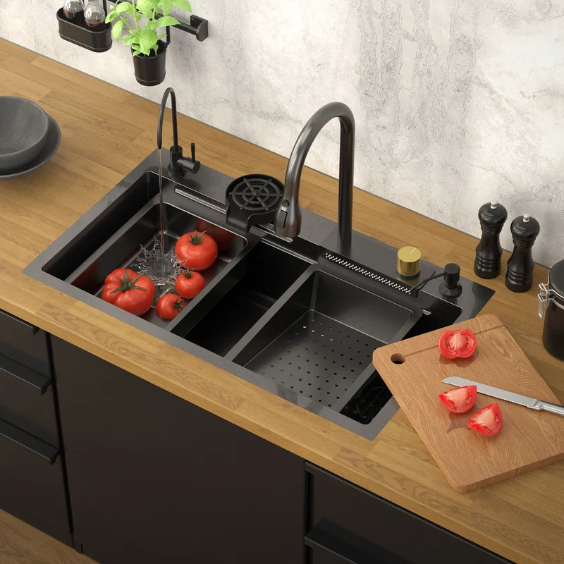 Einbauspüle mit Wasserhahn Komplett Set 8-teilig Anthrazit 80x46 cm aus Edelstahl ML-Design