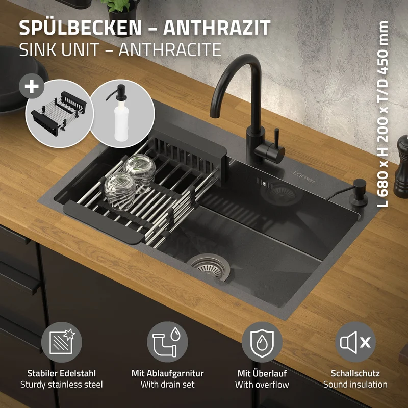 Einbauspüle 68x45 cm Anthrazit mit Ablaufgarnitur und Seifenspender Küchenspüle aus Edelstahl ML-Design