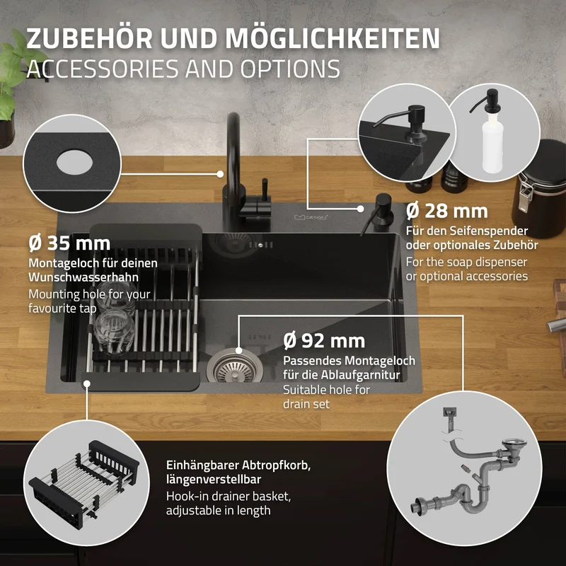 Einbauspüle 68x45 cm Anthrazit mit Ablaufgarnitur und Seifenspender Küchenspüle aus Edelstahl ML-Design