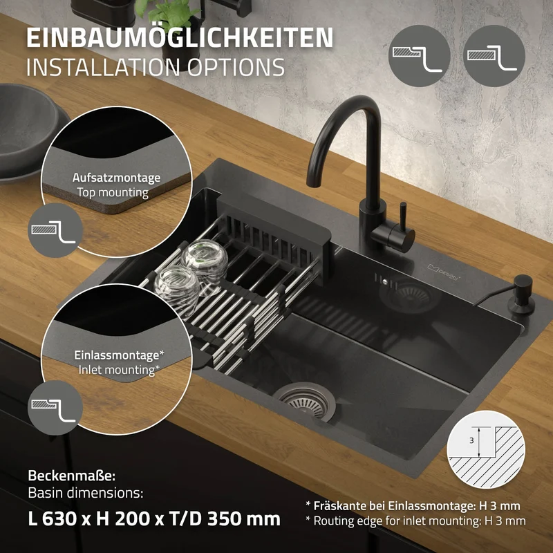 Einbauspüle 68x45 cm Anthrazit mit Ablaufgarnitur und Seifenspender Küchenspüle aus Edelstahl ML-Design
