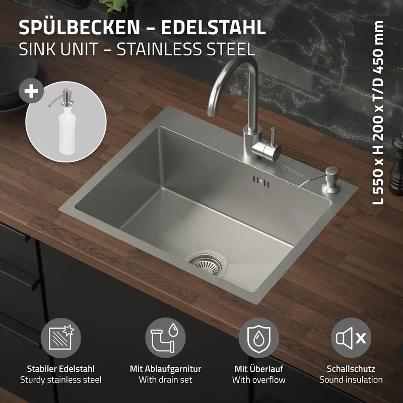 Einbauspüle 55x45 cm Silber mit Ablaufgarnitur und Seifenspender Küchenspüle aus Edelstahl ML-Design