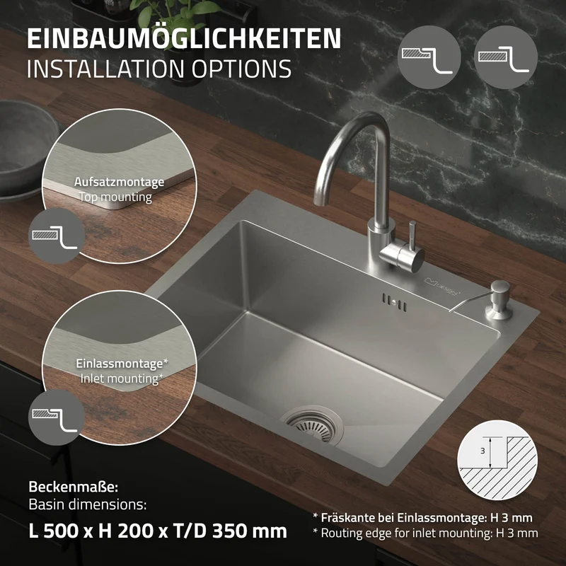 Einbauspüle 55x45 cm Silber mit Ablaufgarnitur und Seifenspender Küchenspüle aus Edelstahl ML-Design
