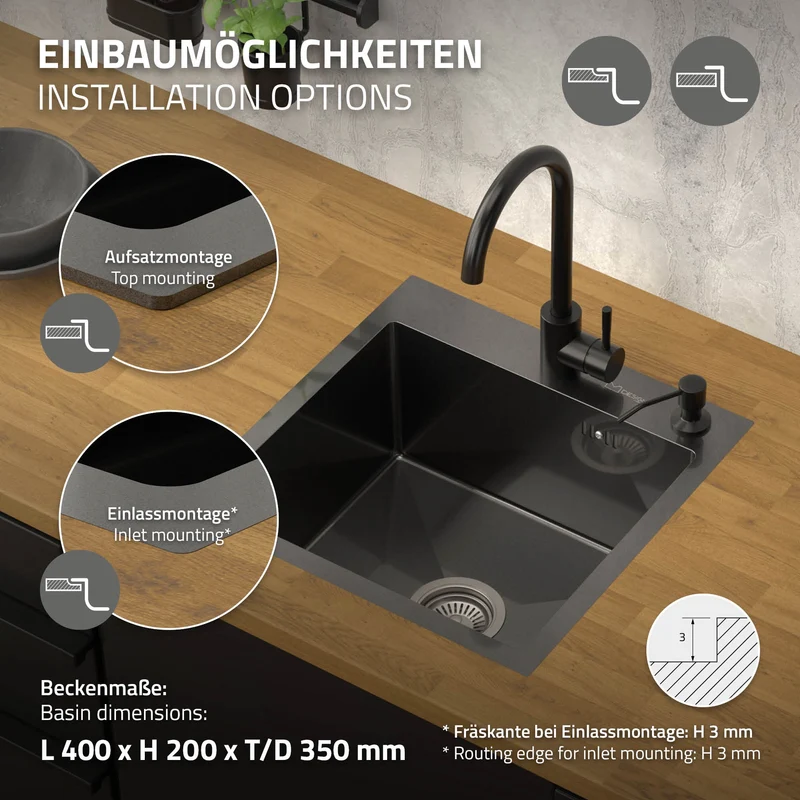 Einbauspüle 45x45 cm Anthrazit mit Ablaufgarnitur und Überlauf aus Edelstahl ML-Design