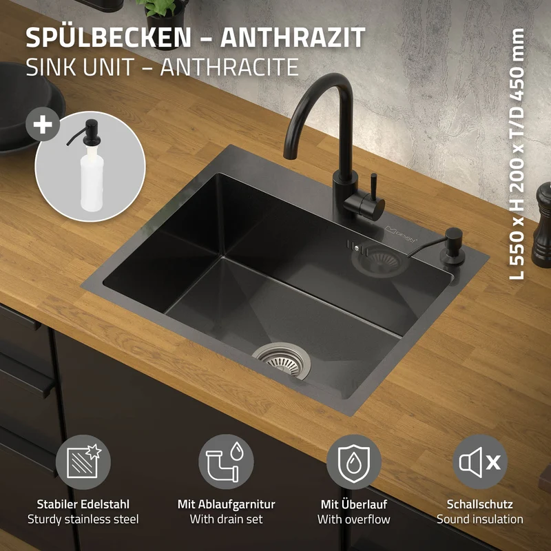 Einbauspüle 55x45 cm Anthrazit mit Ablaufgarnitur und Seifenspender Küchenspüle aus Edelstahl ML-Design