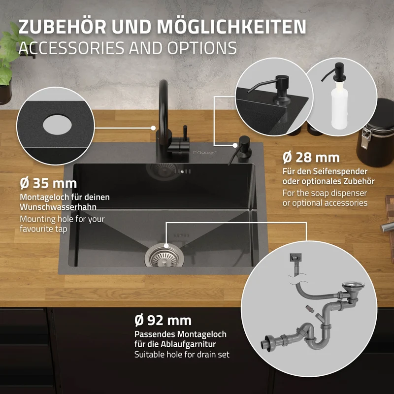 Einbauspüle 55x45 cm Anthrazit mit Ablaufgarnitur und Seifenspender Küchenspüle aus Edelstahl ML-Design