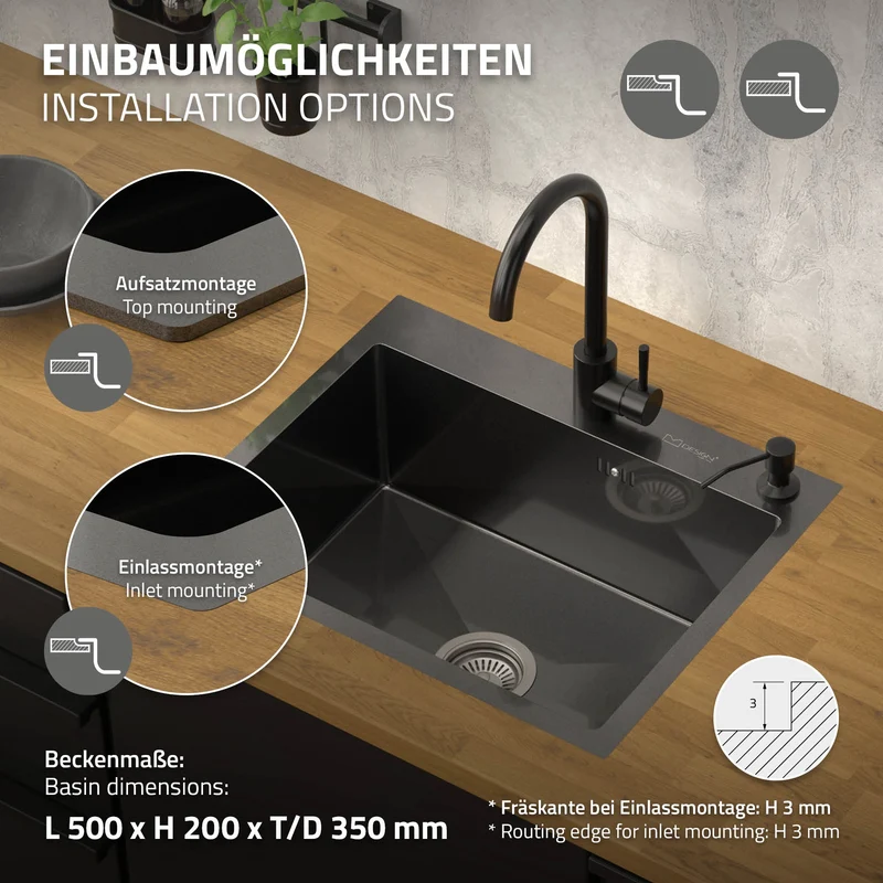 Einbauspüle 55x45 cm Anthrazit mit Ablaufgarnitur und Seifenspender Küchenspüle aus Edelstahl ML-Design