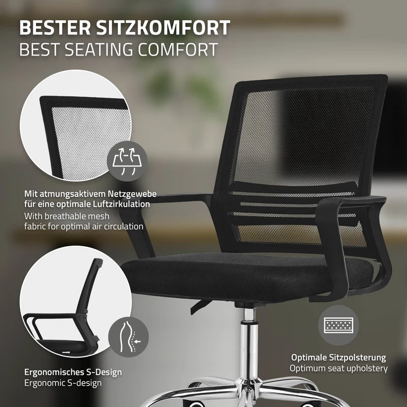Bürostuhl ergonomisch, Schwarz, Schreibtischstuhl höhenverstellbar mit Armlehnen, Rollen, Computerstuhl 360° Drehstuhl Gaming Stuhl ML-Design
