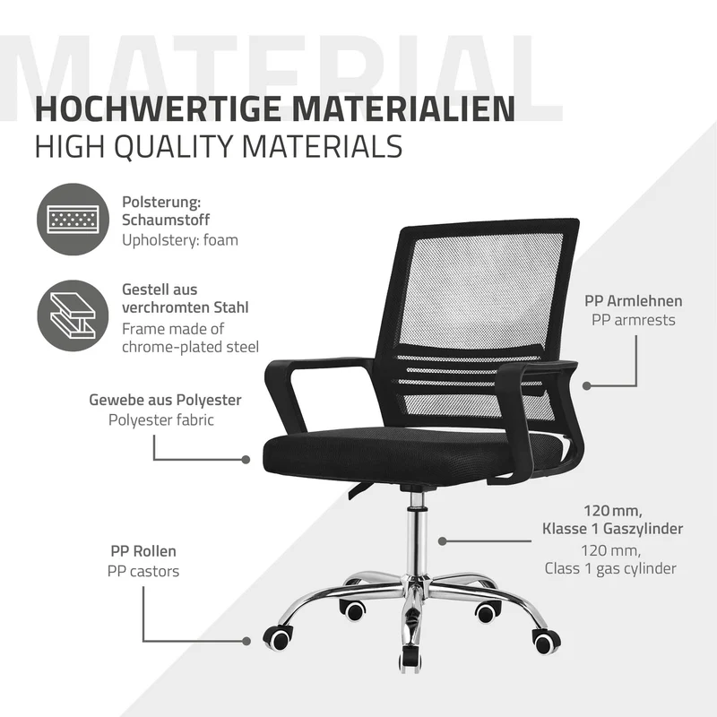 Bürostuhl ergonomisch, Schwarz, Schreibtischstuhl höhenverstellbar mit Armlehnen, Rollen, Computerstuhl 360° Drehstuhl Gaming Stuhl ML-Design