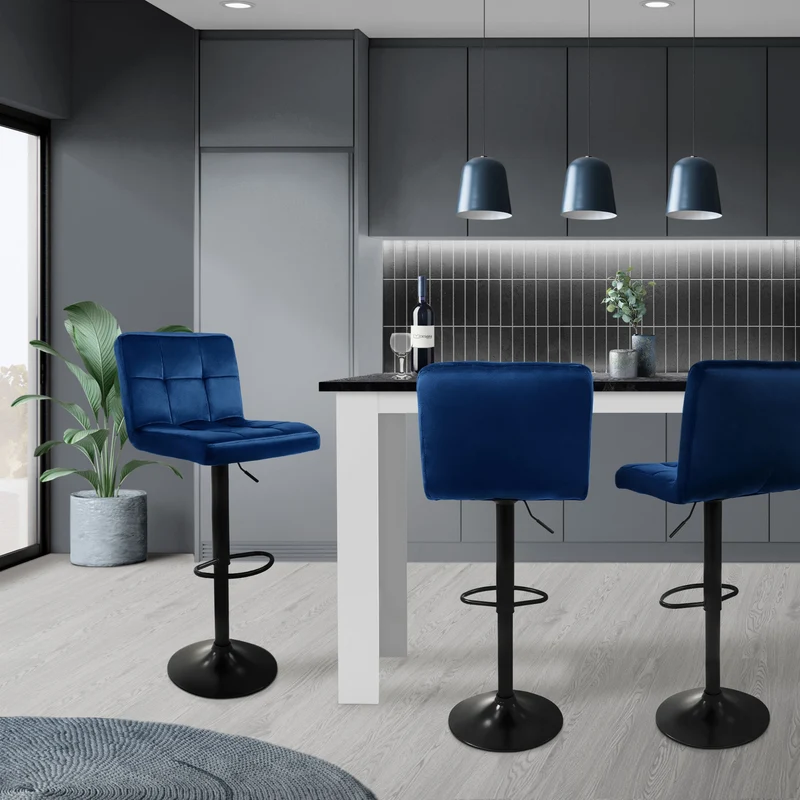 B-Ware Barhocker 2er Set Blau Samtbezug mit Rückenlehne und Fußstütze höhenverstellbar 63-83cm ML-Design