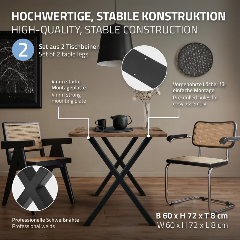 2x Tischbeine X-Design 60x72 cm Schwarz pulverbeschichtete Stahl DIY Tischuntergestell