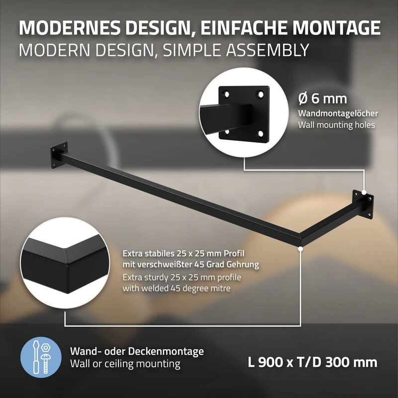 3er Set Kleiderstange Garderobe Wandmontage 30x90 cm Schwarz aus Stahl ML-Design