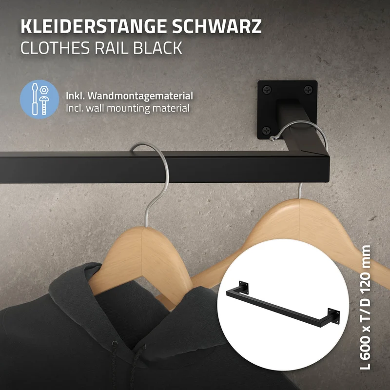 3er Set Kleiderstange Garderobe Wandmontage 12 x 60 cm Schwarz aus Stahl ML-Design