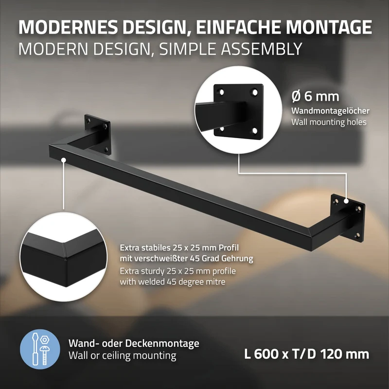 3er Set Kleiderstange Garderobe Wandmontage 12 x 60 cm Schwarz aus Stahl ML-Design