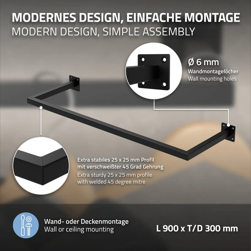 Kleiderstange Garderobe Wandmontage 30 x 90 cm Schwarz aus Stahl ML-Design