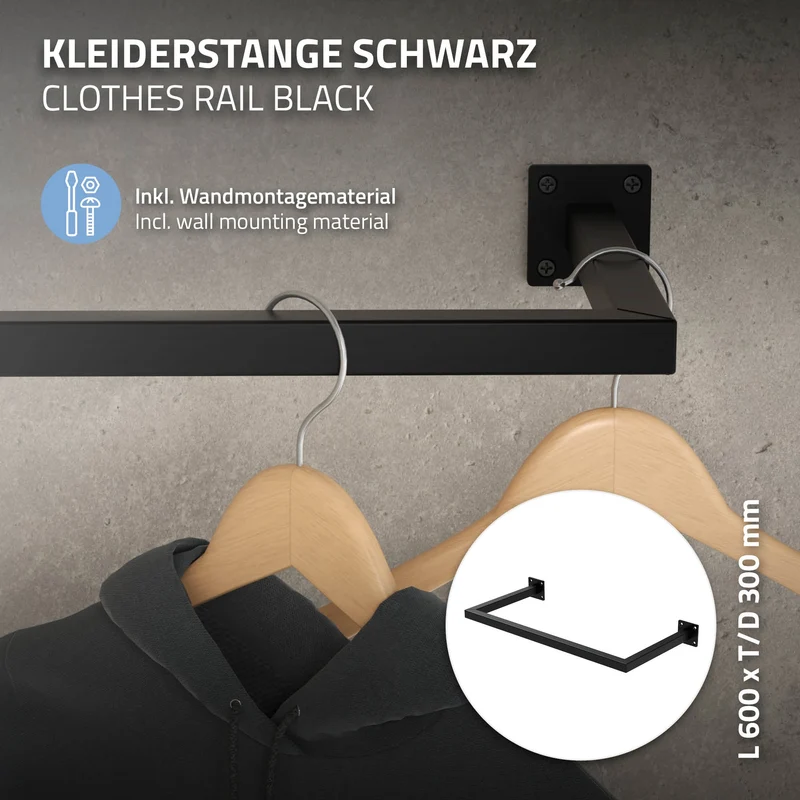 3er Set Kleiderstange Garderobe Wandmontage 30 x 60 cm Schwarz aus Stahl ML-Design