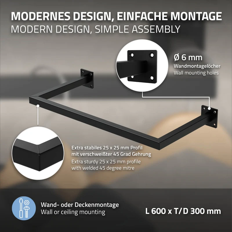 3er Set Kleiderstange Garderobe Wandmontage 30 x 60 cm Schwarz aus Stahl ML-Design
