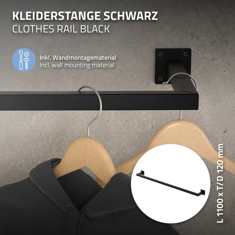 3er Set Kleiderstange Garderobe Wandmontage 12 x 110 cm Schwarz aus Stahl ML-Design