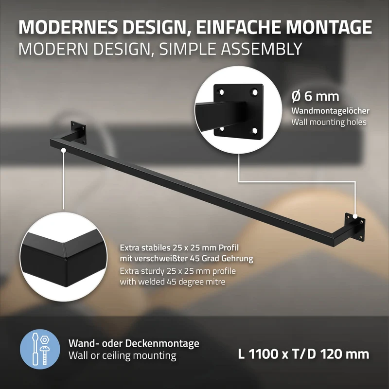 3er Set Kleiderstange Garderobe Wandmontage 12 x 110 cm Schwarz aus Stahl ML-Design