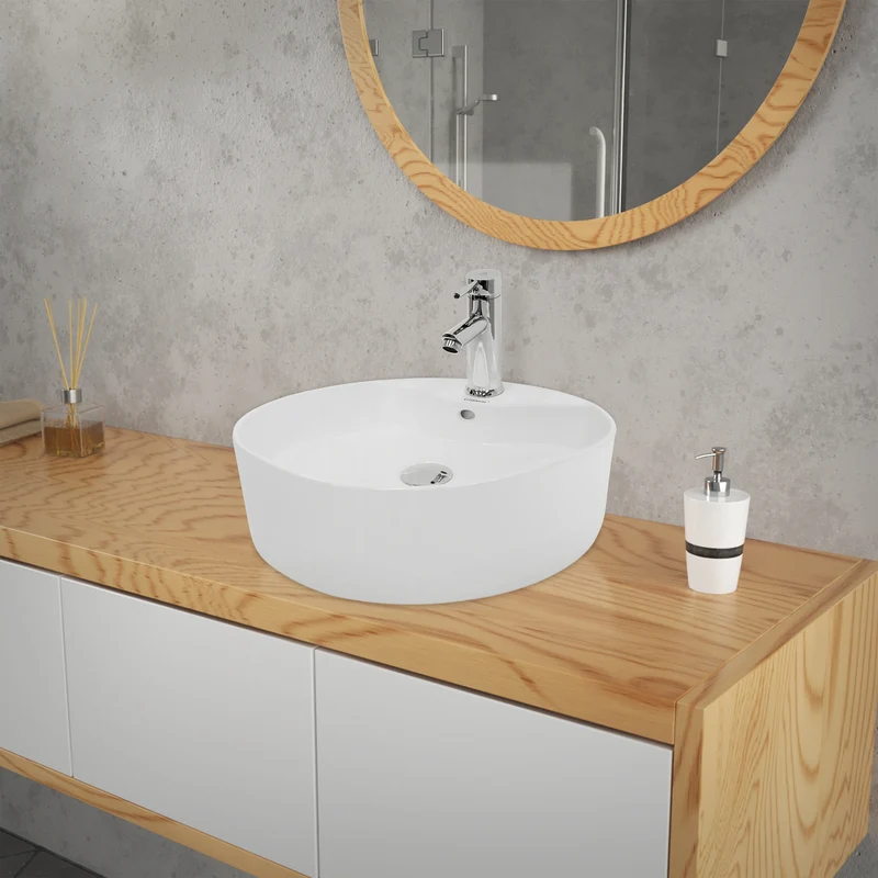 Waschbecken inkl. Ablaufgarnitur Weiß mit Überlauf Ø 46x15,5 cm Weiß aus Keramik LuxeBath