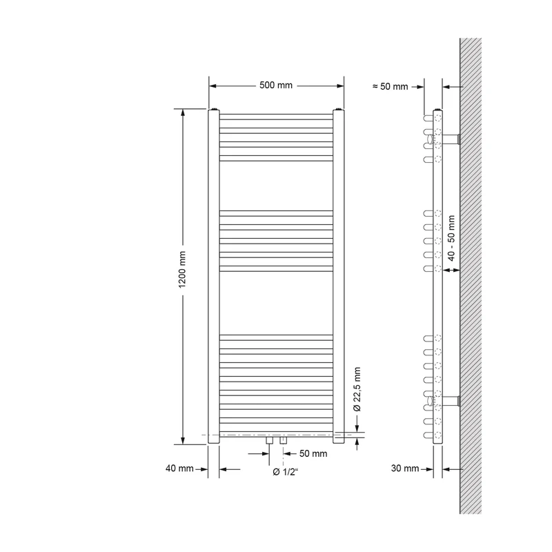 Badheizkörper Mittelanschluss 500x1200 mm Chrome gebogen inkl. Montagematerial LuxeBath