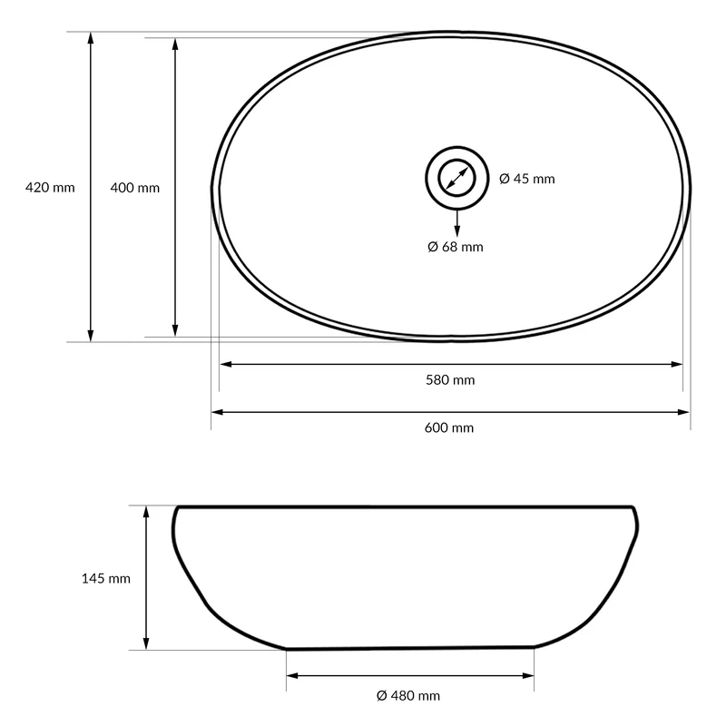 Waschbecken Oval ohne Überlauf 60x42x14,5 cm Weiß aus Keramik LuxeBath