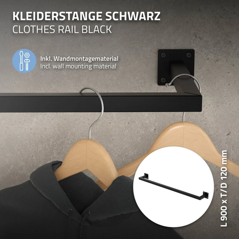 Kleiderstange Garderobe Wandmontage 12 x 90 cm Schwarz aus Stahl ML-Design