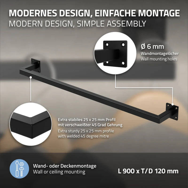 Kleiderstange Garderobe Wandmontage 12 x 90 cm Schwarz aus Stahl ML-Design