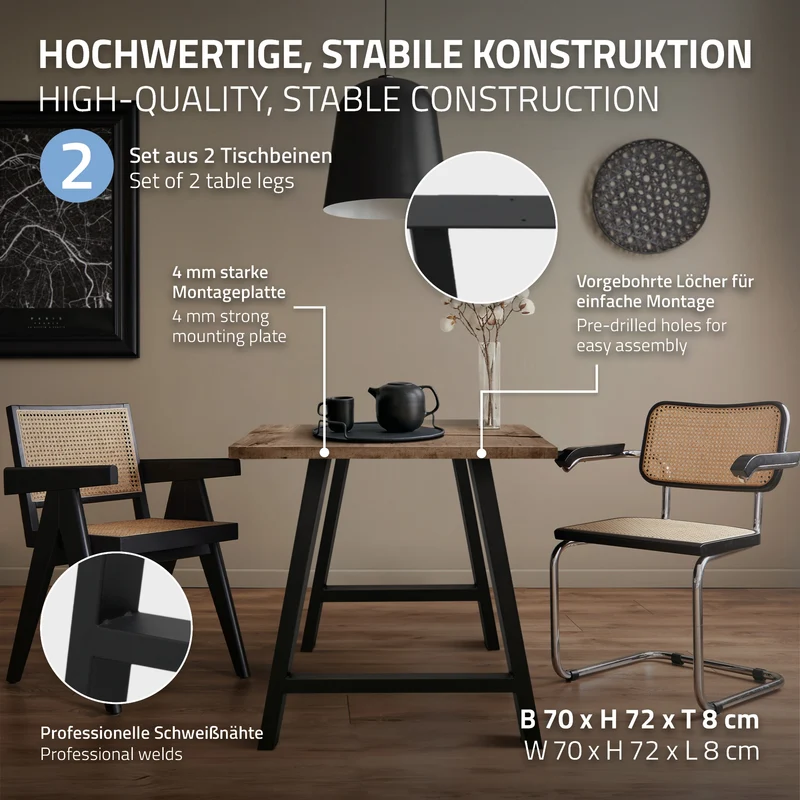 2x Tischkufen A-Form 70x72 cm Schwarz aus pulverbeschichtetem Stahl Tischgestell für Esstisch und Schreibtisch