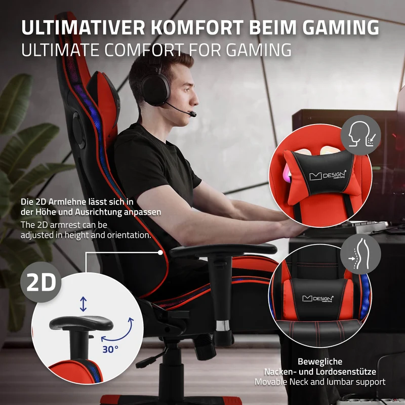 B-Ware Gamingstuhl mit RGB Beleuchtung & Bluetoothboxen Schwarz/Rot aus Kunstleder ML-Design